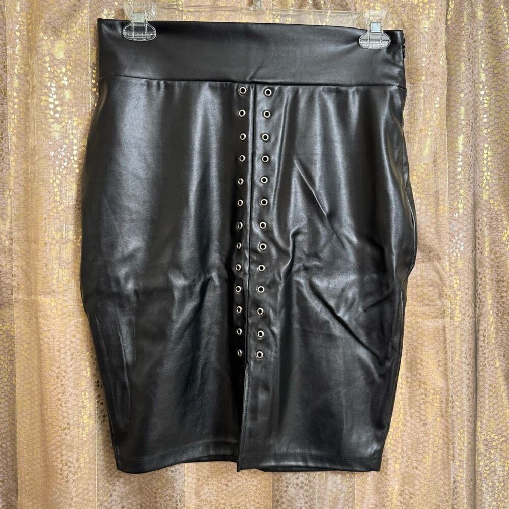 Andrea Sexy Goth Black Faux Leather Lace Up Bodycon Skirt Large